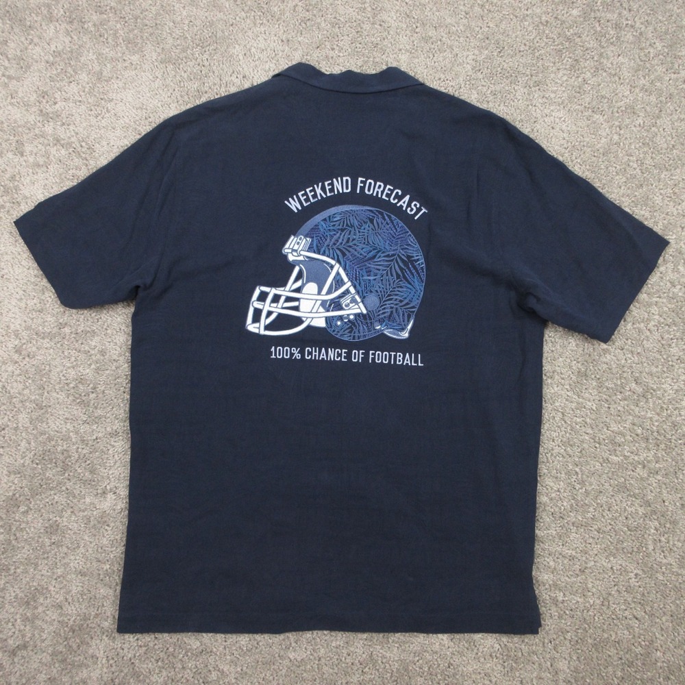 Tommy‎ Bahama Shirt Mens Medium Navy Blue Embroidered Football Helmet Silk Camp